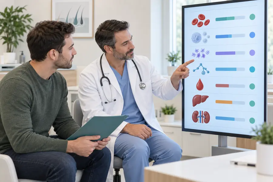 The Role of Blood Tests in Pre-Hair Transplant Evaluation Clinician reviewing blood test results before hair transplant