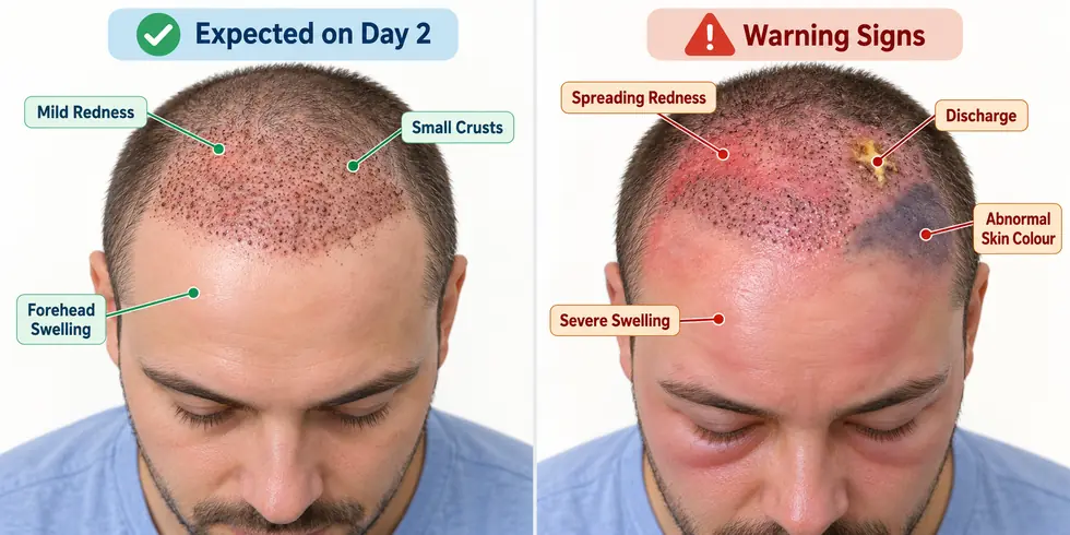 After Hair Transplant: Day-2 Normal versus concerning symptoms on day 2 after hair transplant