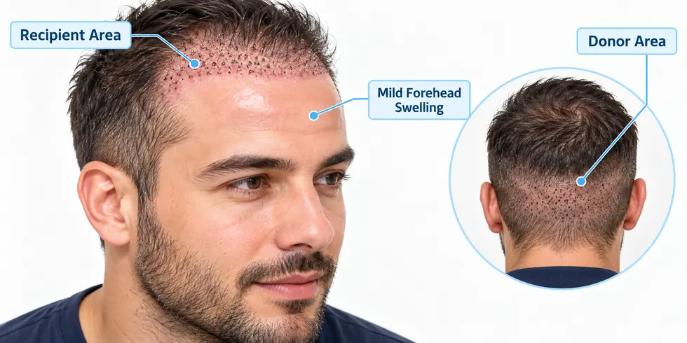 After Hair Transplant: Day-2 Normal scalp appearance and swelling on day 2 after hair transplant