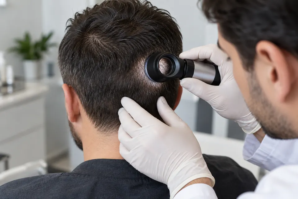 What is Hair Graft? Clinician examining the donor area at the back of a man's head with a dermatoscope