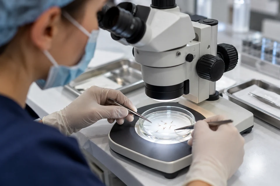 What is Hair Graft? Clinical professional examining hair grafts in a dish under a stereo microscope