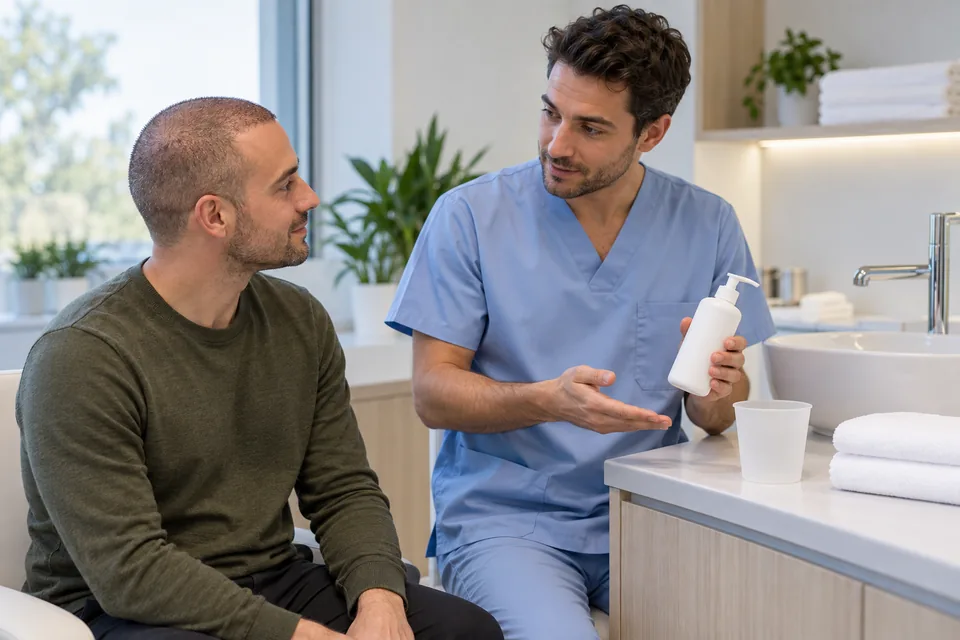 Environmental Factors Affecting Hair Transplant Success Clinician explaining scalp washing products to a man beside a clean washbasin