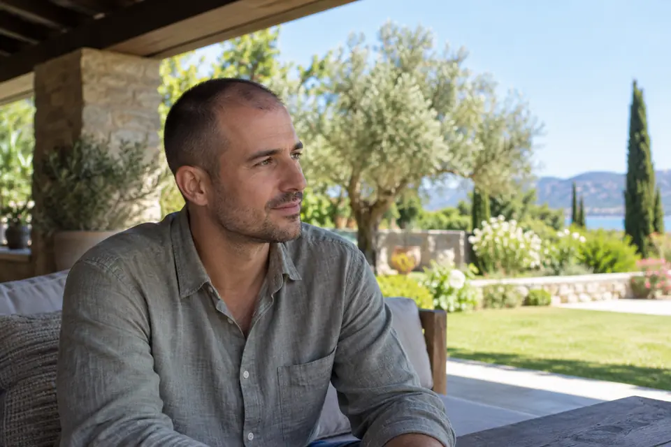 Environmental Factors Affecting Hair Transplant Success Man with closely cropped hair resting in full shade beneath a covered terrace