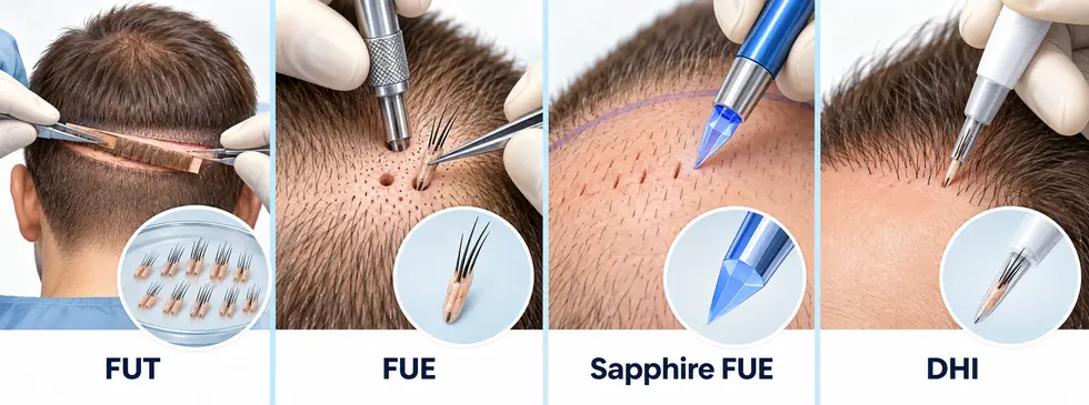 The Evolution of Hair Transplant Techniques Over Time FUT FUE Sapphire FUE and DHI hair transplant techniques compared