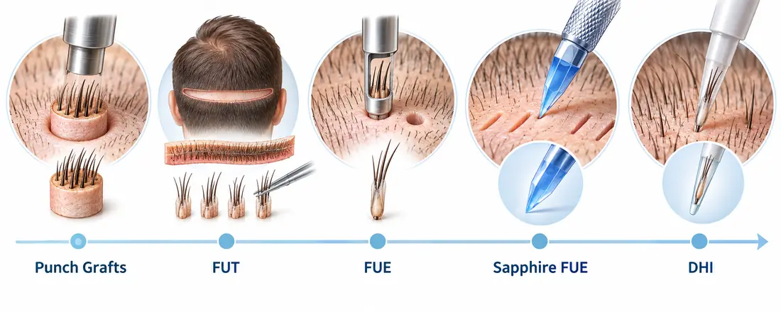 The Evolution of Hair Transplant Techniques Over Time Evolution of hair transplant techniques from punch grafts to FUE and DHI