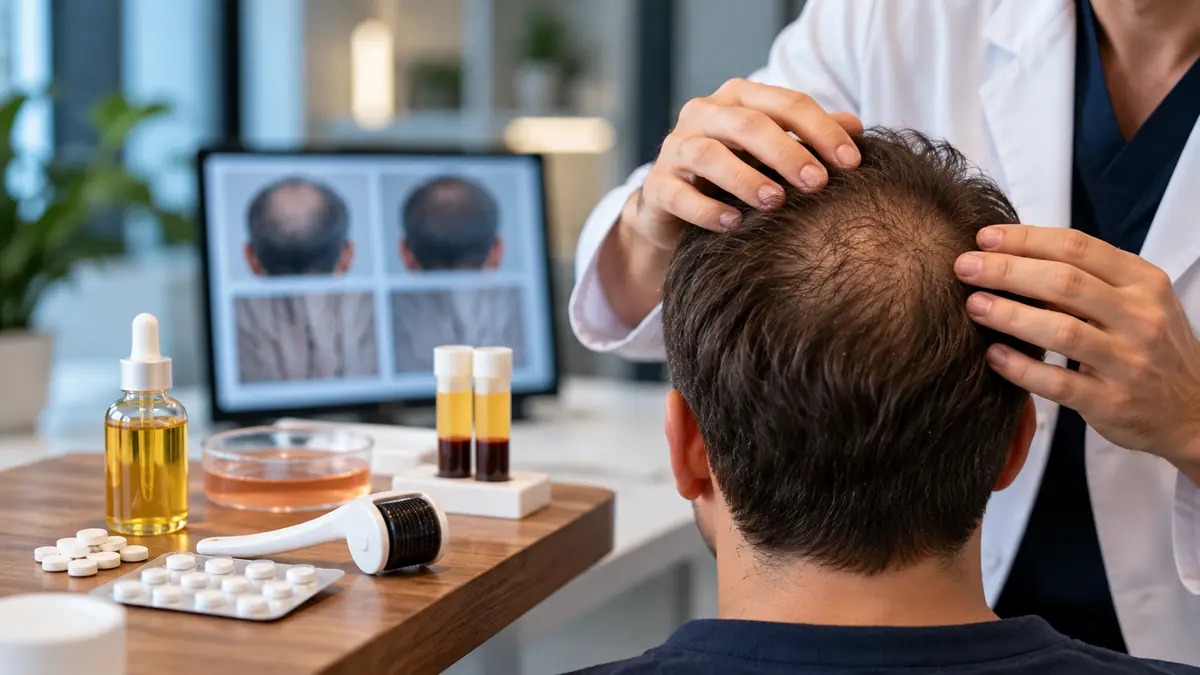 Combining Hair Transplant with Other Hair Loss Treatments Doctor examining a patient's thinning hair and assessing possible additional treatments alongside hair transplantation.
