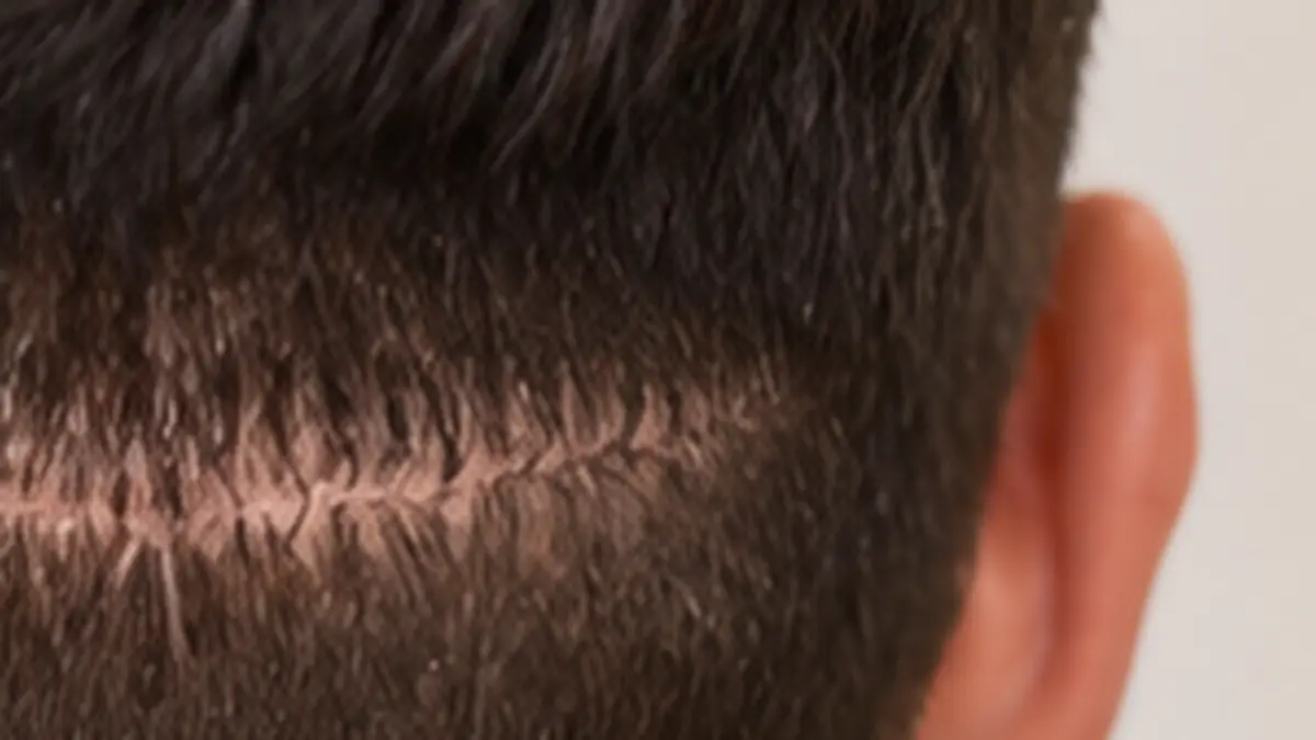 Integrating Scalp Micropigmentation with Hair Transplant Close-up of a linear hair transplant donor scar that may be assessed for scalp micropigmentation camouflage.
