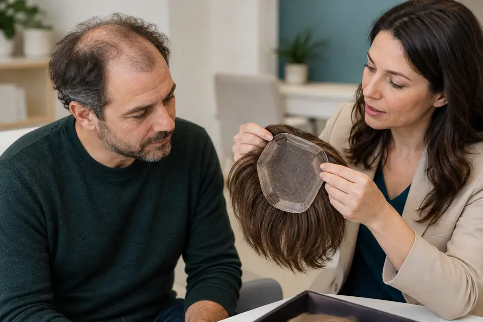 Non-Surgical Alternatives to Hair Transplant Consultant showing the mesh base of a removable hair topper to a man with thinning hair.