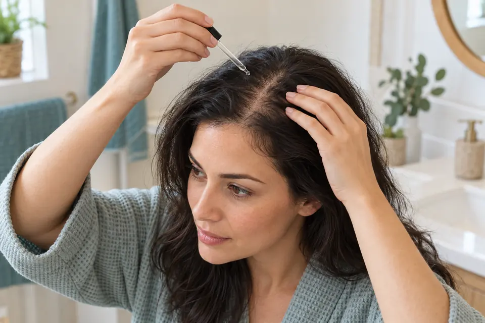 Non-Surgical Alternatives to Hair Transplant Woman parting her hair while applying a topical scalp treatment with a dropper.
