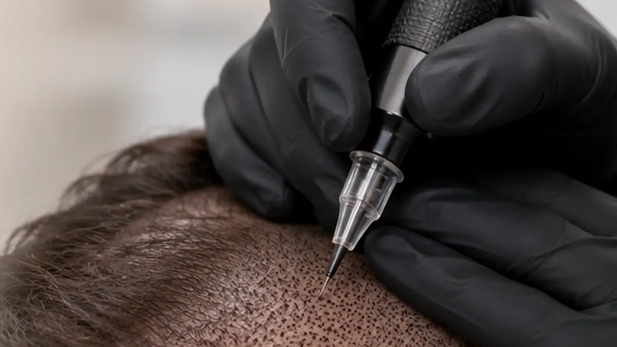 Integrating Scalp Micropigmentation with Hair Transplant Close-up of scalp micropigmentation being applied between existing hairs to create the appearance of greater density.