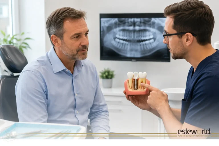 Dentista che informa il paziente sull’infezione dell’impianto dentale utilizzando un modello implantare
